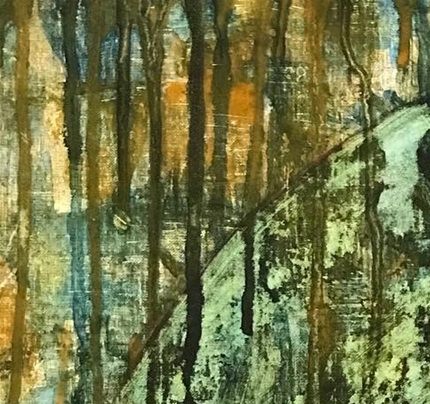 Beyond 60x60 cm  Placrylic Paint, working from a colour palette: blue, yellow, green and black. Artist BM TIDEMAND